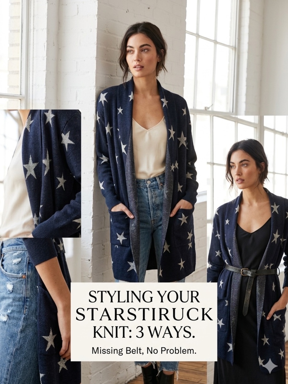 Chaser Edita Starstruck Knit Shimmer Duster Cardigan Star Print Small No Belt